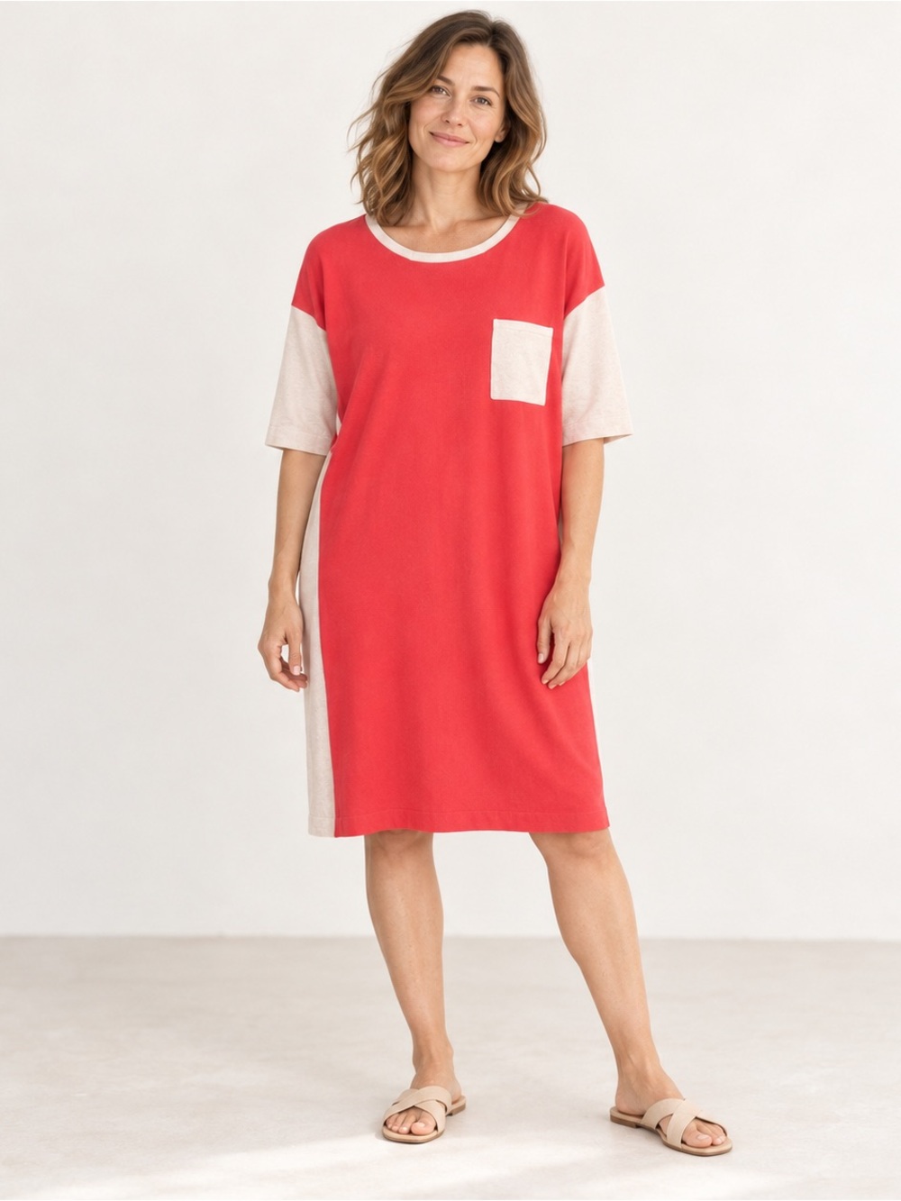 KASH Colorblock T-Shirt Dress in Coral & Cream Size 44 Made in Italy